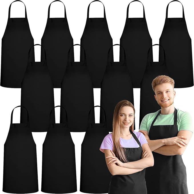 GREEN LIFESTYLE 12 Pack Professional Chef Apron – Grilling Aprons for Men, Waterproof Cooking Aprons for BBQ, Work or Restaurant Use, Kitchen Aprons for Women – Black, No Pockets