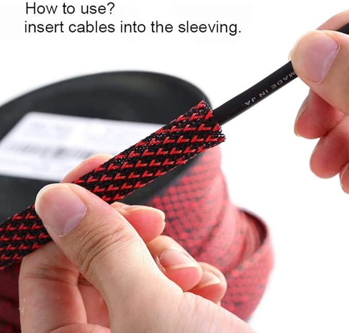 100ft - 1/8 Inch Cable Management Sleeve Protector,Wire Loom PET Expandable Wire Sleeving for Office TV Computer Home Theater Engine Bay Cord Organizer,Protect Cables from Pet Cat Dog Chewing,BlackRed