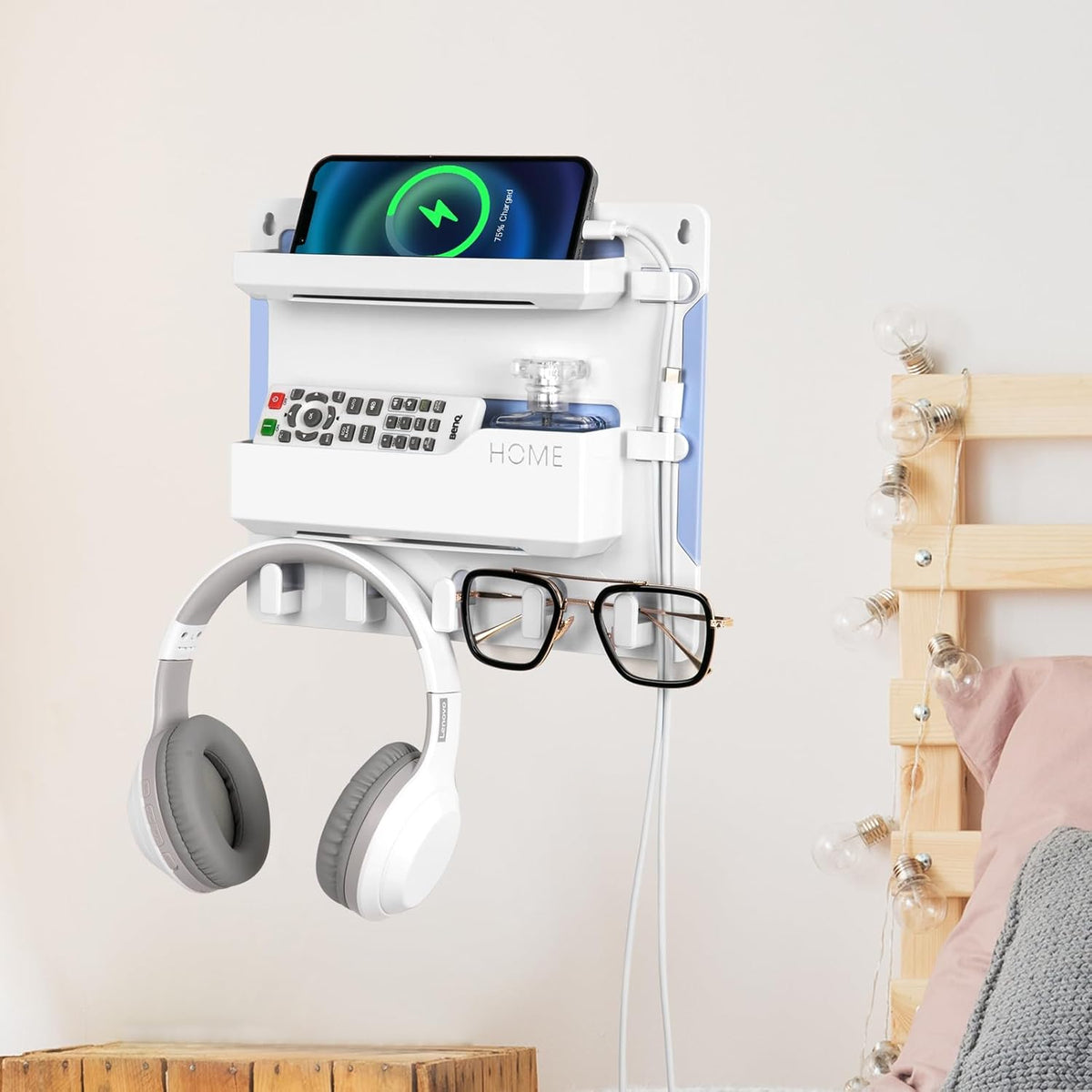 Bedside Wall Mount Shelf, Adhesive Organizer for Remote, Phone, Glasses. Accessories Storage Suitable for College Dorm, Bunk Bed, Bedroom, RV (White)