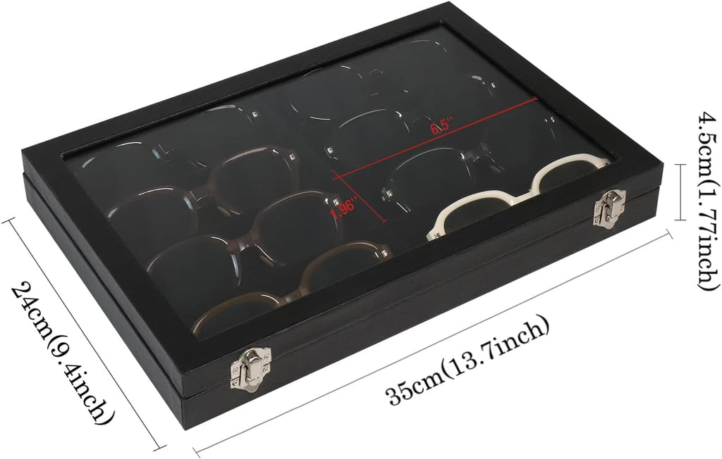 Wudygirl Jewelry and Sunglass Organizer - 8 Slot Storage With Clear Lid, Leather Eyeglasses Display for Women and Men (8 Grid)
