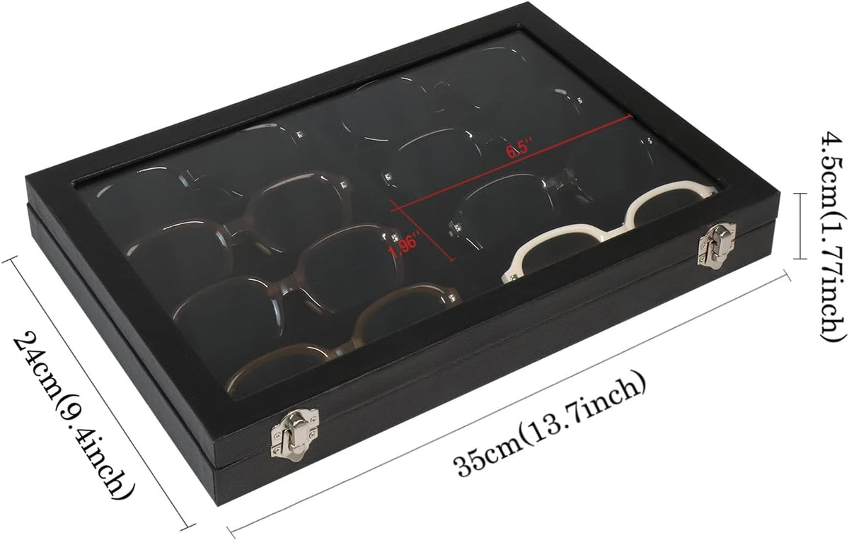 Wudygirl Jewelry and Sunglass Organizer - 8 Slot Storage With Clear Lid, Leather Eyeglasses Display for Women and Men (8 Grid)