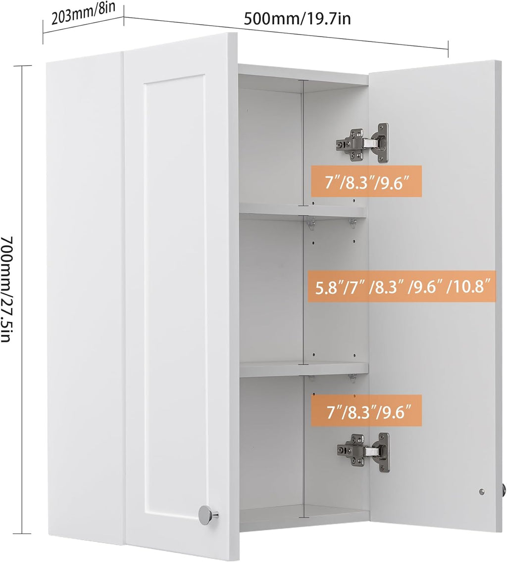 White Wall Mount Cabinet, MDF Over The Toilet Storage Cabinet with Adjustable Shelves, Space Saver 2 Door Medicine Cabinet for Bathroom Laundry Kitchen, 19x 27in, No Paint Odor