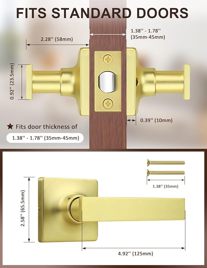 Mengico 4 Pack Passage Door Levers Gold Finish, No-Locking Keyless Square Door