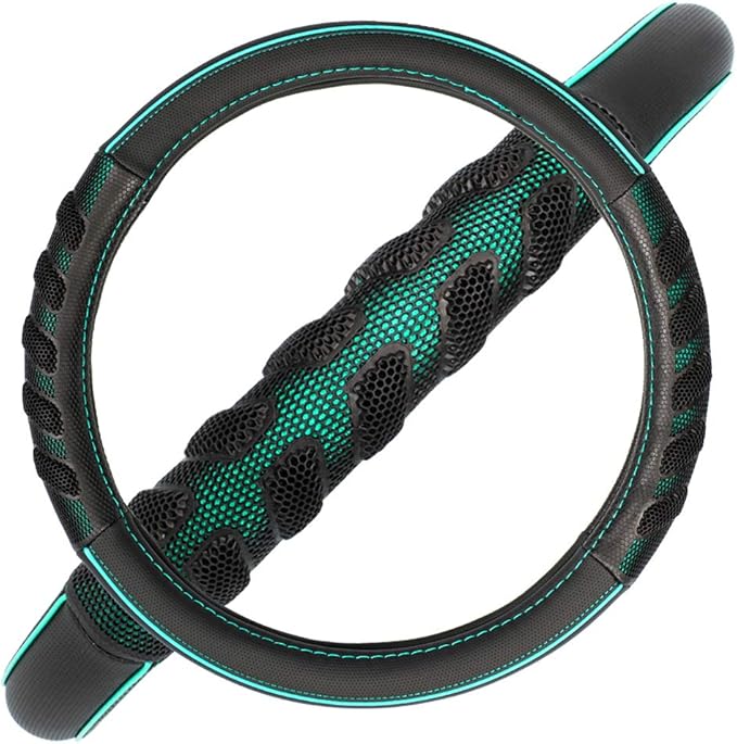 Flying Banner car Steering Wheel Cover Faux Leather Massage Universal fit 3D Honeycomb Hole Anti-Slip Sporty 15 Inches (Mint Green Black)