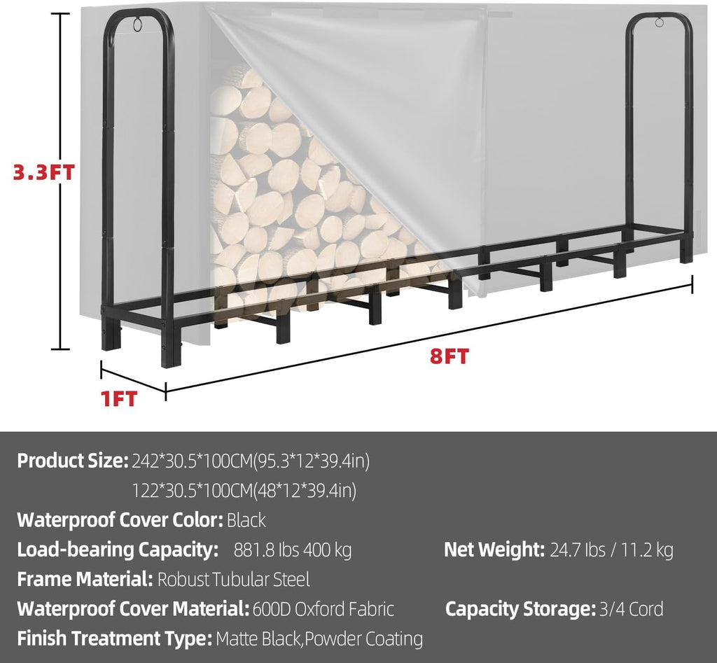 8FT Firewood Rack Outdoor with Cover, Heavy Duty Adjustable Firewood log Storage & Holder, Wood Pile Lumber Storage Rack Stacking Outside for Courtyard Patio.