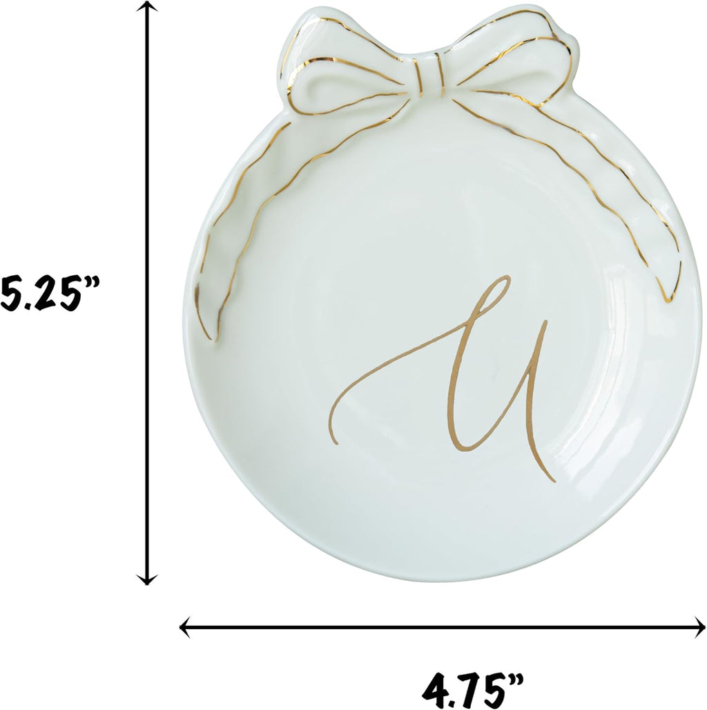 COLLECTIVE HOME - Personalized Initial Ceramic Jewelry Tray with Bow, Christmas Gift Ideas for Women, Small Gift for Girlfriend Wife, Ring Holder, Earrings Dish, Birthday Gift for Her (U)