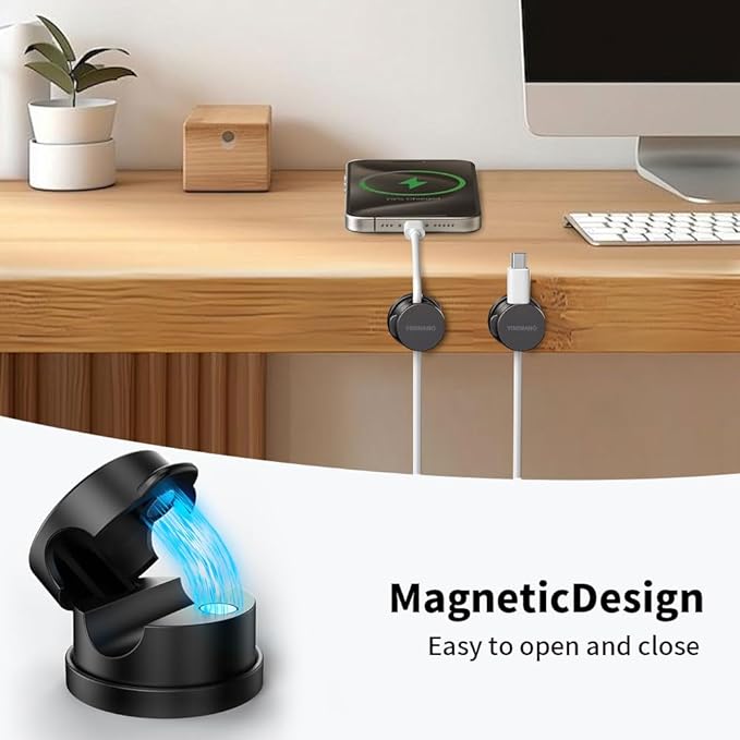 6 Pack Magnetic Cable Clips, 360° Rotatable Cord Organizer, Adhesive Cable Holder for Desk, Nightstand, Car, Home Office Accessories, Magnetic Cord Holder for Phone Charger & Workspace Organization