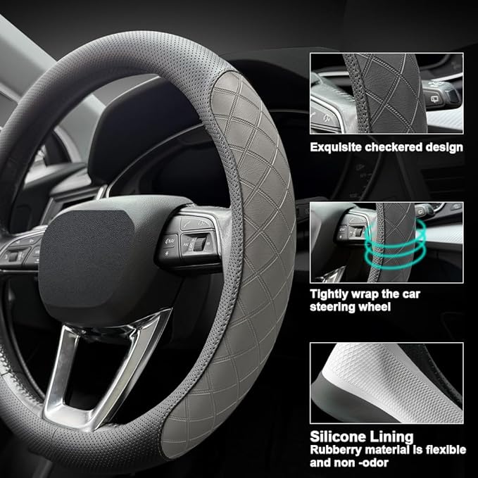 LKWLIKEI Nappa Leather Steering Wheel Cover,Elegant Diamond Checkered Design, Non-Slip wear-Resistant, Enhance Driving Comfort, Suitable for Steering Wheel Diameter 14 1/2‘-15’ Models.Black Gray