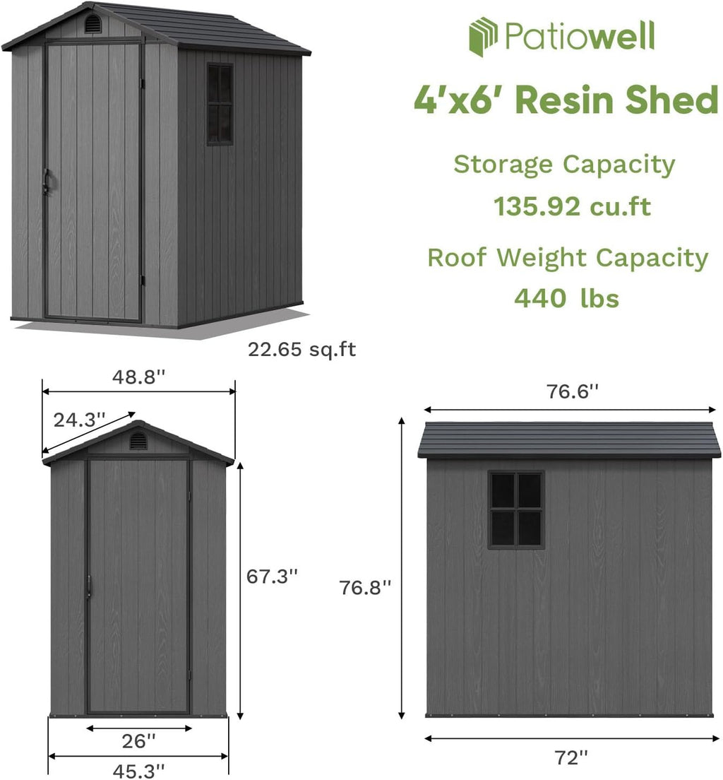 Patiowell 4' x 6' Outdoor Storage Shed with Floor, Plastic Shed Outside Resin Tool Shed with Window and Lockable Door for Backyard Garden Patio Lawn, Dark Grey (Fit-it Shed)