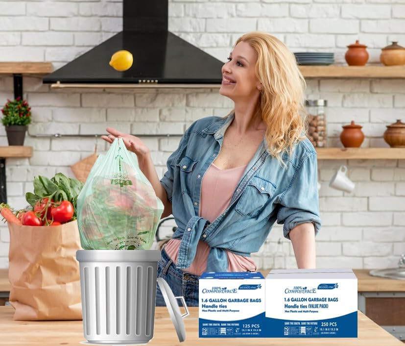 BEIDOU-PAC 1.6 Gallon Compostable Trash Bags with Handle, 250 Count Small Compost Kitchen Garbage Bags, Food Scrap Waste Bags for Countertop Bin, ASTM D6400, US BPI Certified