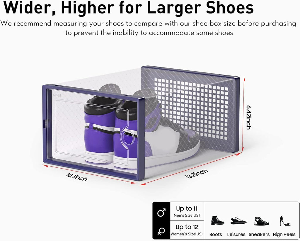 Kuject X-Large Shoe Storage Boxes Organizers Clear Plastic Stackable 12 Pack, Shoe Rack & Holder Substitute, Sneaker Containers, Toy Storage Organizer Bins for Entryway, Closet, Under Bed, Blue