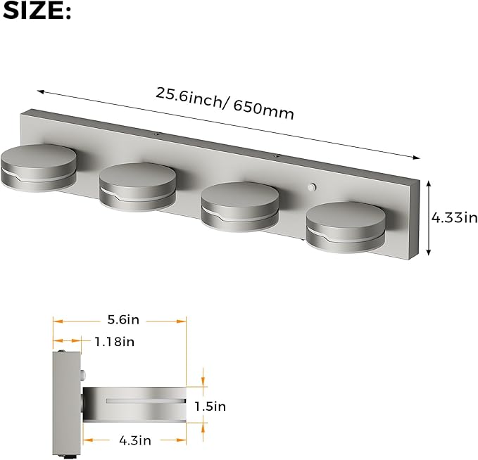 26" Motion Sensor Vanity Light Brushed Nickel, 3CCT 4-Light Modern LED Bathroom