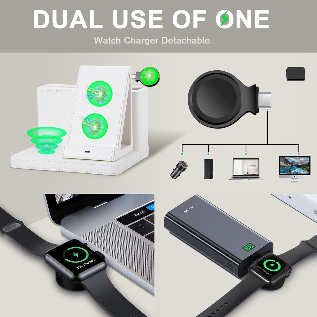 Leather Desk accessories Pen Holder with 3-in-1 Wireless Charger for Phone, Earbuds, Watch Multifunctional Desktop Phone Stand for Office and Home,birthday gifts,gifts for him (white)