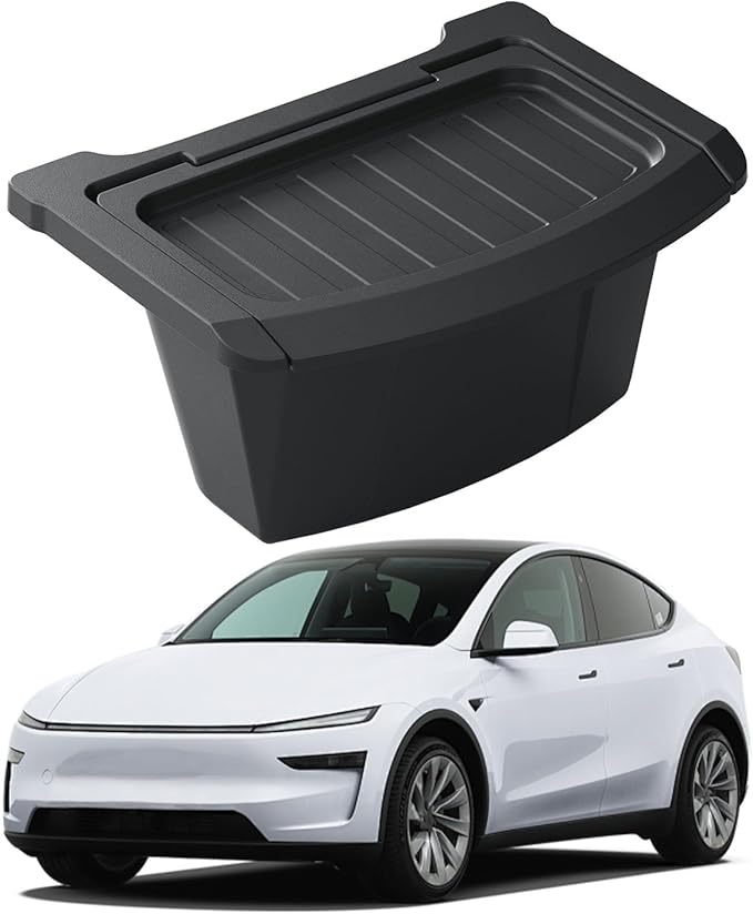 Rear Center Console Floor Storage Organizer Box for Tesla Model Y Juniper 2025 2026,Black TPE Car Accessory with Anti-Slip Lid,Backseat 2nd Row Seat Organizer Bin