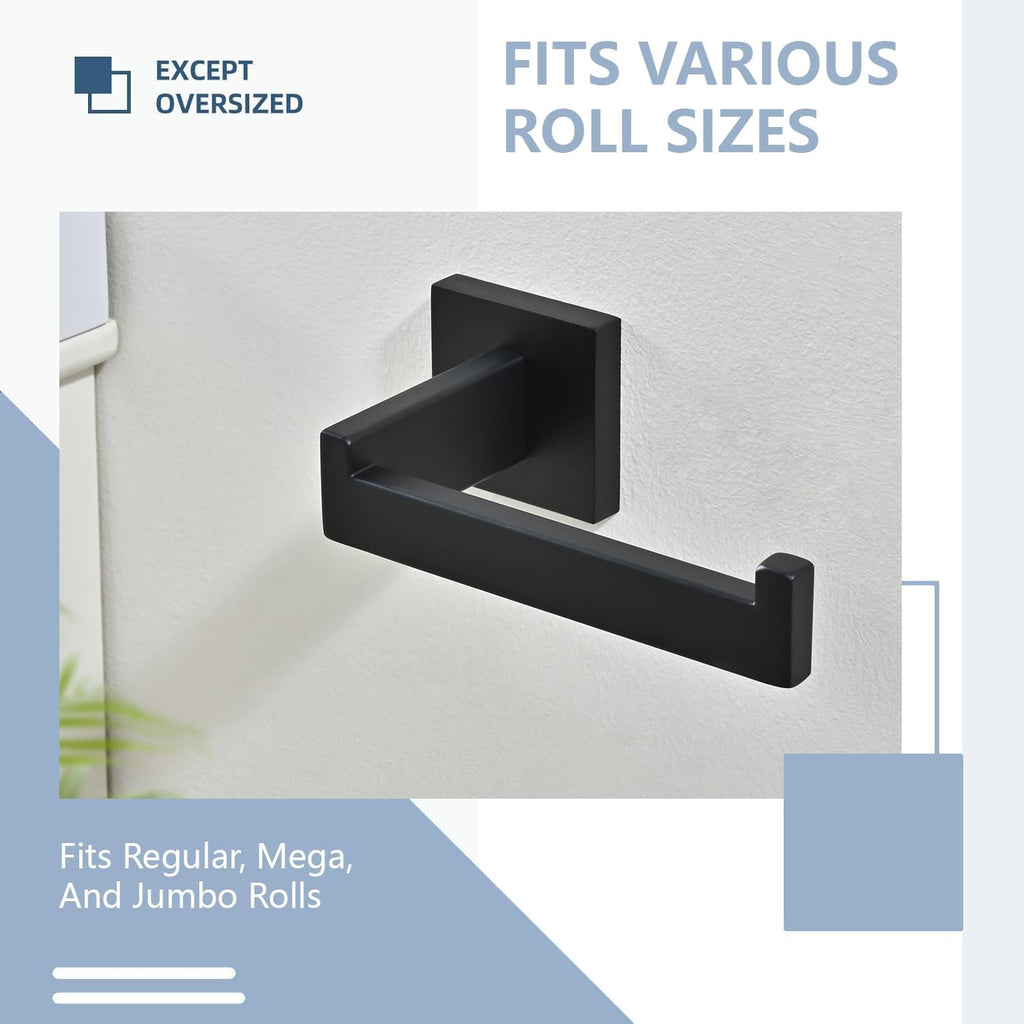 3PCS Bathroom Hardware Set, Matte Black Toilet Paper Holder, 2 Square Towel Robe Hooks, SUS 304 Stainless Steel, Wall Mounted, Modern, Rust‑Resistant (Black)