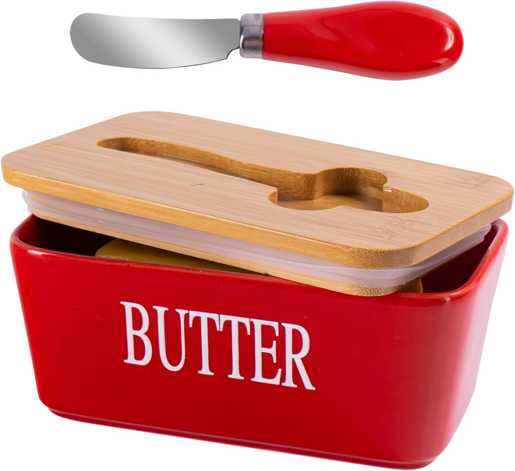 Red Butter Dish with Lid for Countertop, Large Ceramic Covered Butter Stick Holder Container for Fridge
