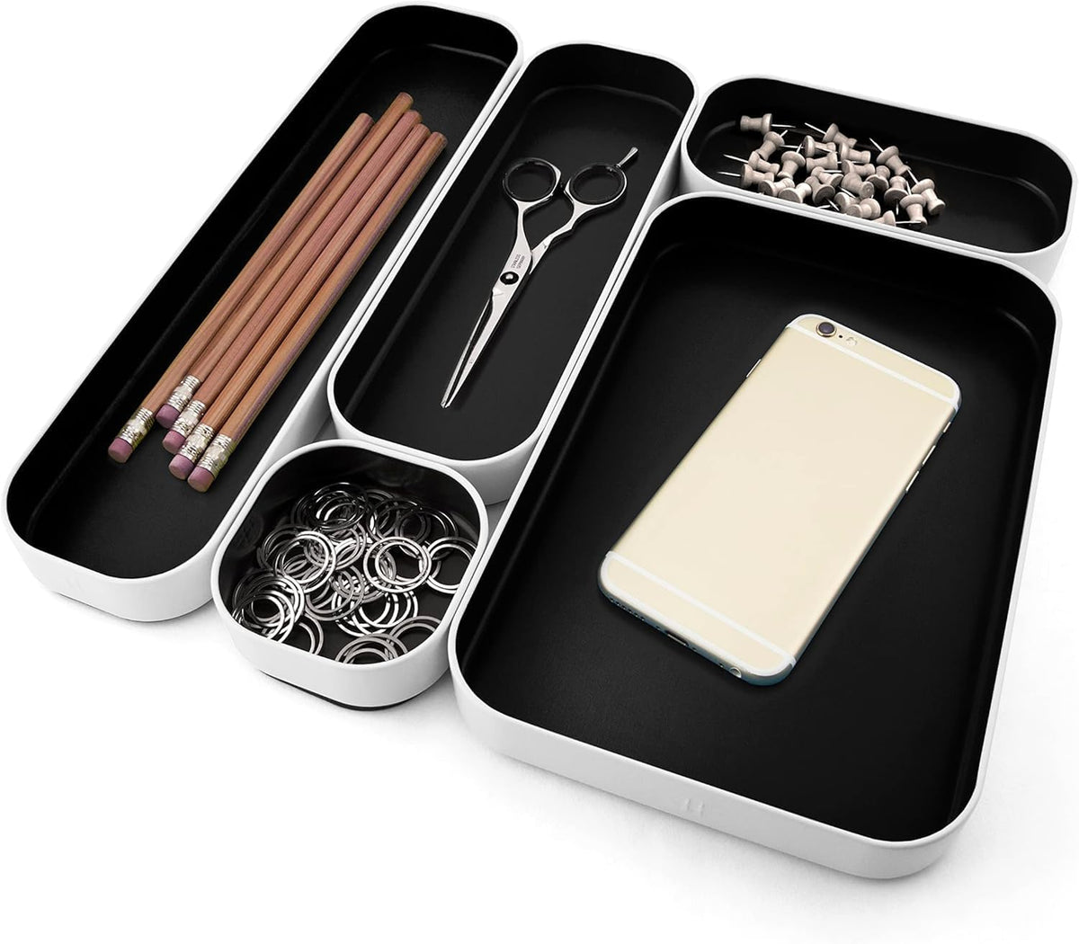 Three by Three Seattle 5 Piece Metal Organizer Tray Set for Storing Makeup, Stationery, Utensils, and More in Office Desk, Kitchen and Bathroom Drawers (1 Inch, Black)