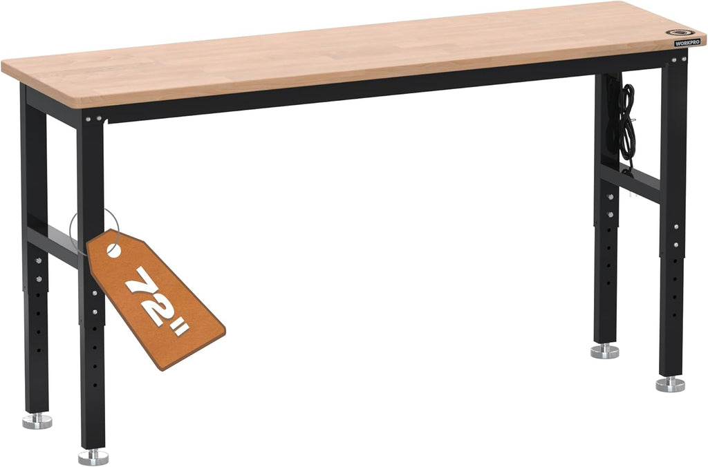 WORKPRO 72" Adjustable Workbench, 3000 LBS Load Capacity Hardwood Garage Workbench with Power Outlets, Rubberwood Top Heavy-Duty Workstation for Workshop, Garage