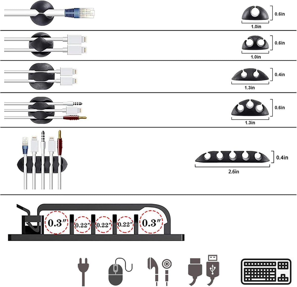 ELII 300PCS Cable Management Kit,4 Cable Sleeve 35 Cable Clips with 11Cord Holders,20 Roll Cable Organizer Straps and 200 Fastening Cable Ties,20 Cable Zip Tie Mounts for Computer TV Under Desk