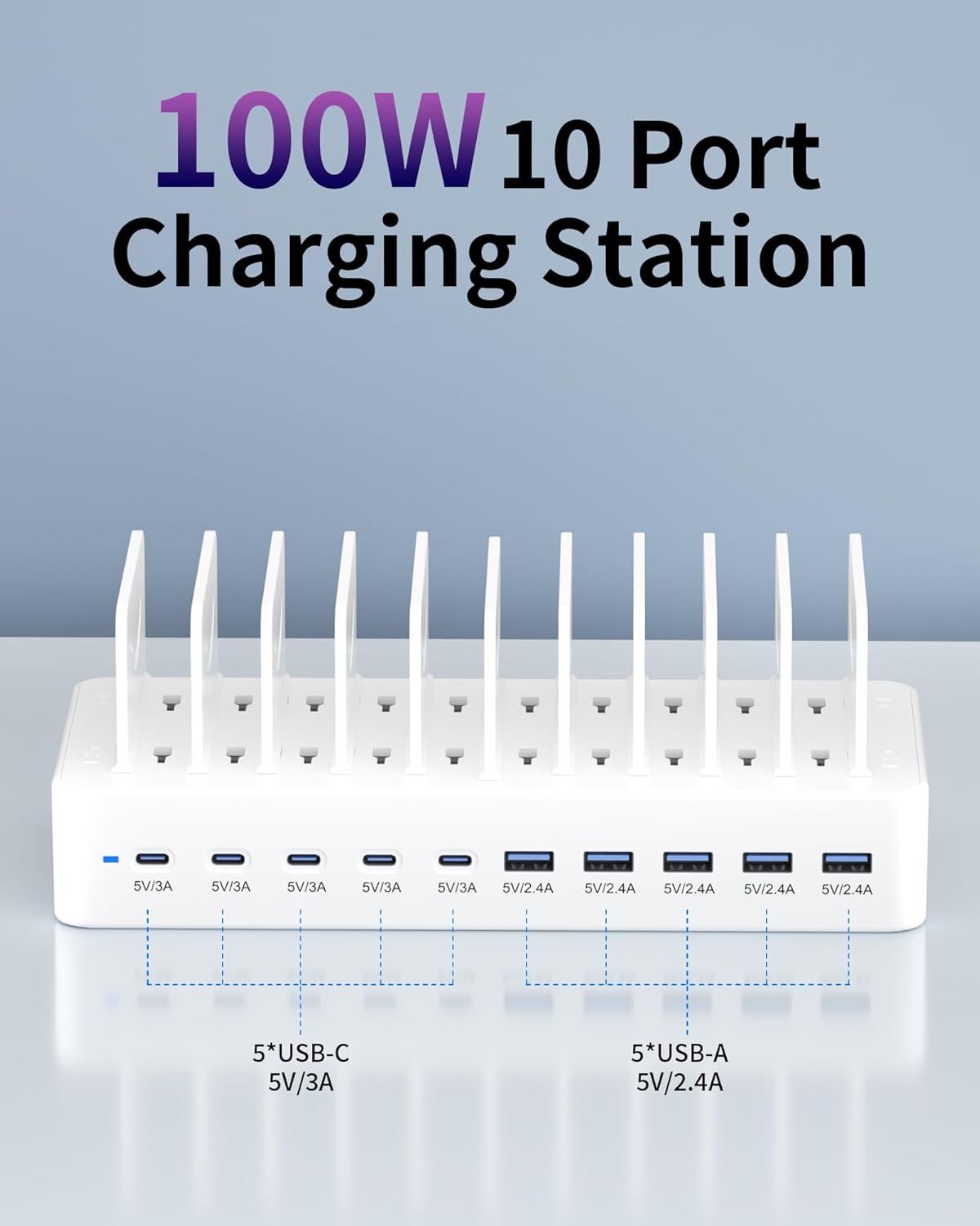 100W Charging Station for Multiple Devices, 10-Port USB Fast Charging Station with Adjustable Dividers & 10 Cables- Multi Device Organizer Charging Dock for iPhone, iPad, Tablets & More