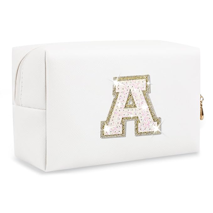Small Initial Patch Makeup Bag Personalized Gifts Make Up Bag,White Cute PU Leather Glitter Letter Cosmetic Bag with Zipper,Trendy Portable Travel Toiletry Pouch,Preppy Stuff for Teen Girls Women A