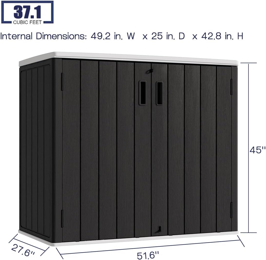 KINYING Outdoor Horizontal Storage Sheds,37 Cu.ft Outdoor Storage Cabinet Waterproof Resin Tool Storage Box for Lawn Mower,Garden Tools and Patio Furniture, Lockable (Black)