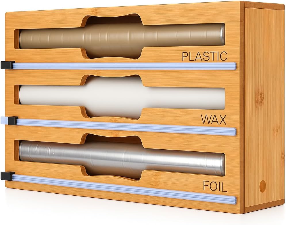 3 in 1 Wrap Organizer with Cutter and Labels, Plastic Wrap, Aluminum Foil and Wax Bamboo Dispenser for Kitchen Storage Organization Holder for 12" Roll (Natural)