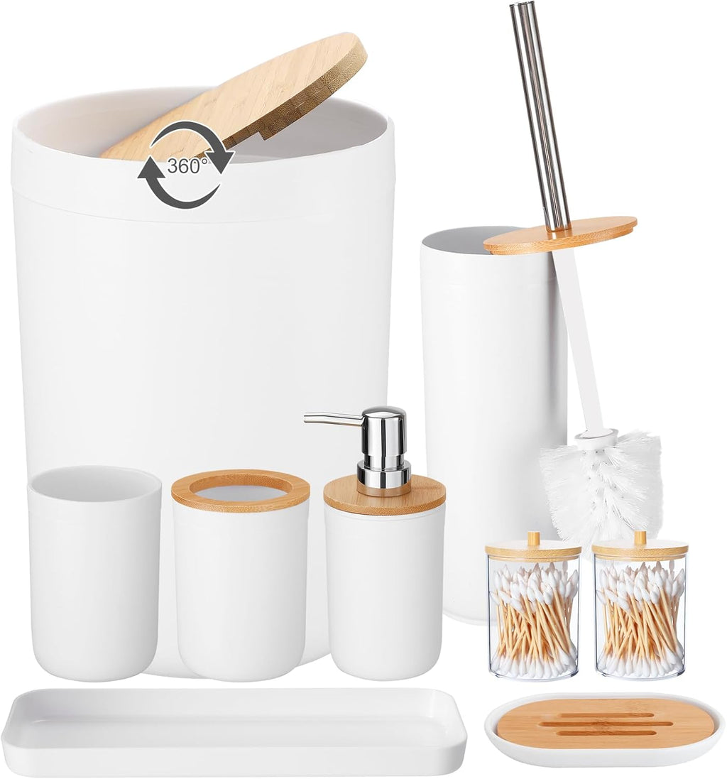 iMucci Bathroom Accessories Set with Trash Can,Toilet Brush,Toothbrush Holder, Lotion Soap Dispenser, Soap Dish,Toothbrush Cup,Qtip Holder(8Pcs White Wood Cover)