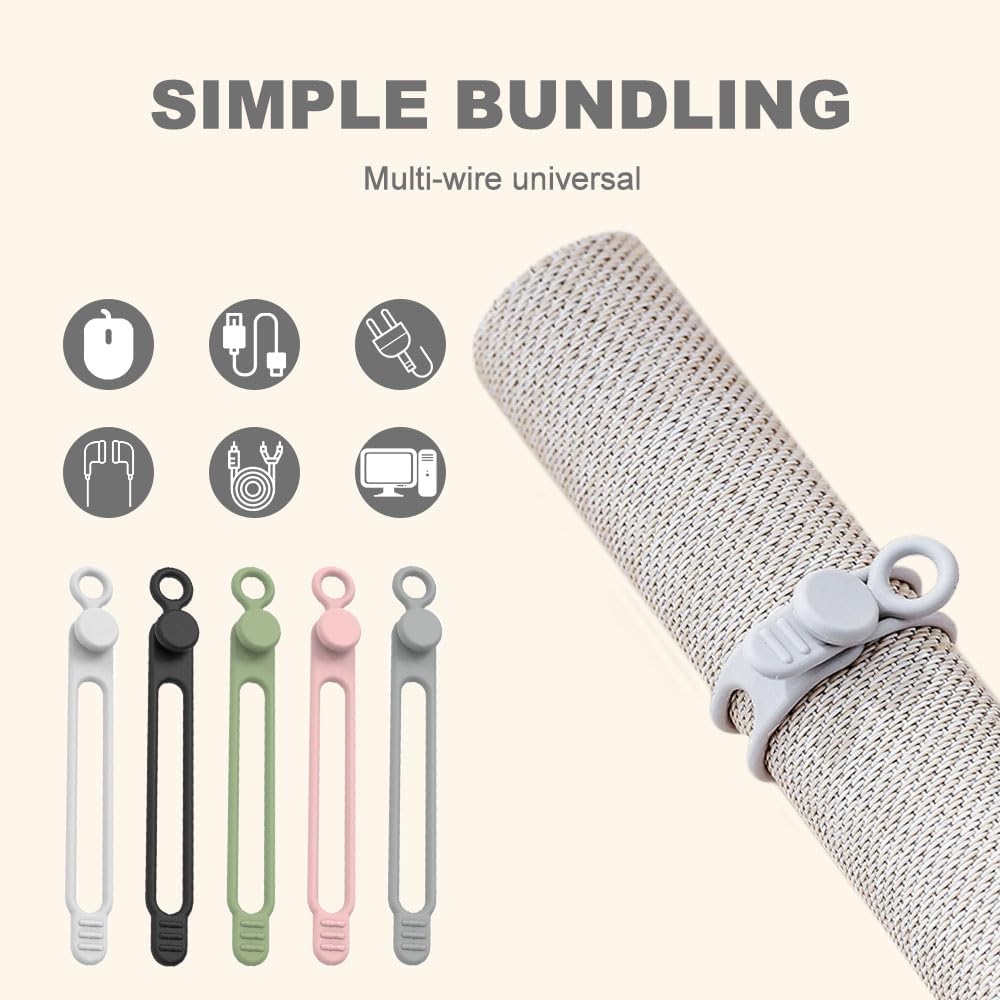 Data Cable Organizer, Silicone Cable Ties Reusable - Elastic Cord Organizer for Electronics, Adjustable Wire Ties for Cable Management,Computer Wires,Phone Charger,Earphone,Home Office (Gray, 5PCS)