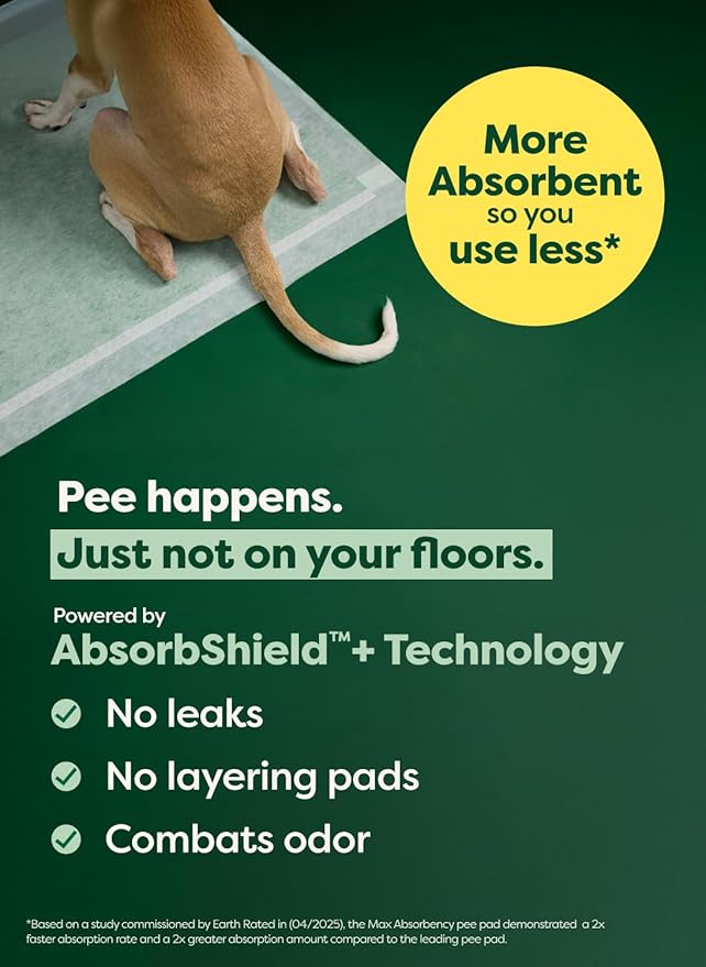 Earth Rated Max Absorbency Puppy Pee Pads for Dogs Absorbs 2X Faster & 2X More, Leak-Proof, Odor Control Potty Training, Unscented, Large, 22” x 23”, 75 Count