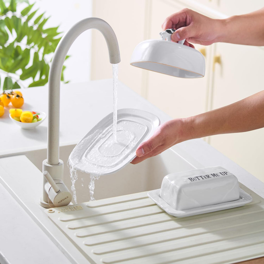 Butter Dish with Lid for Countertop, 7.8" x 6.3" Large Ceramic Butter Keeper Container with Cow Handle, White Butter Holder Tray for East West Coast Butter Stick, Microwave & Dishwasher Safe