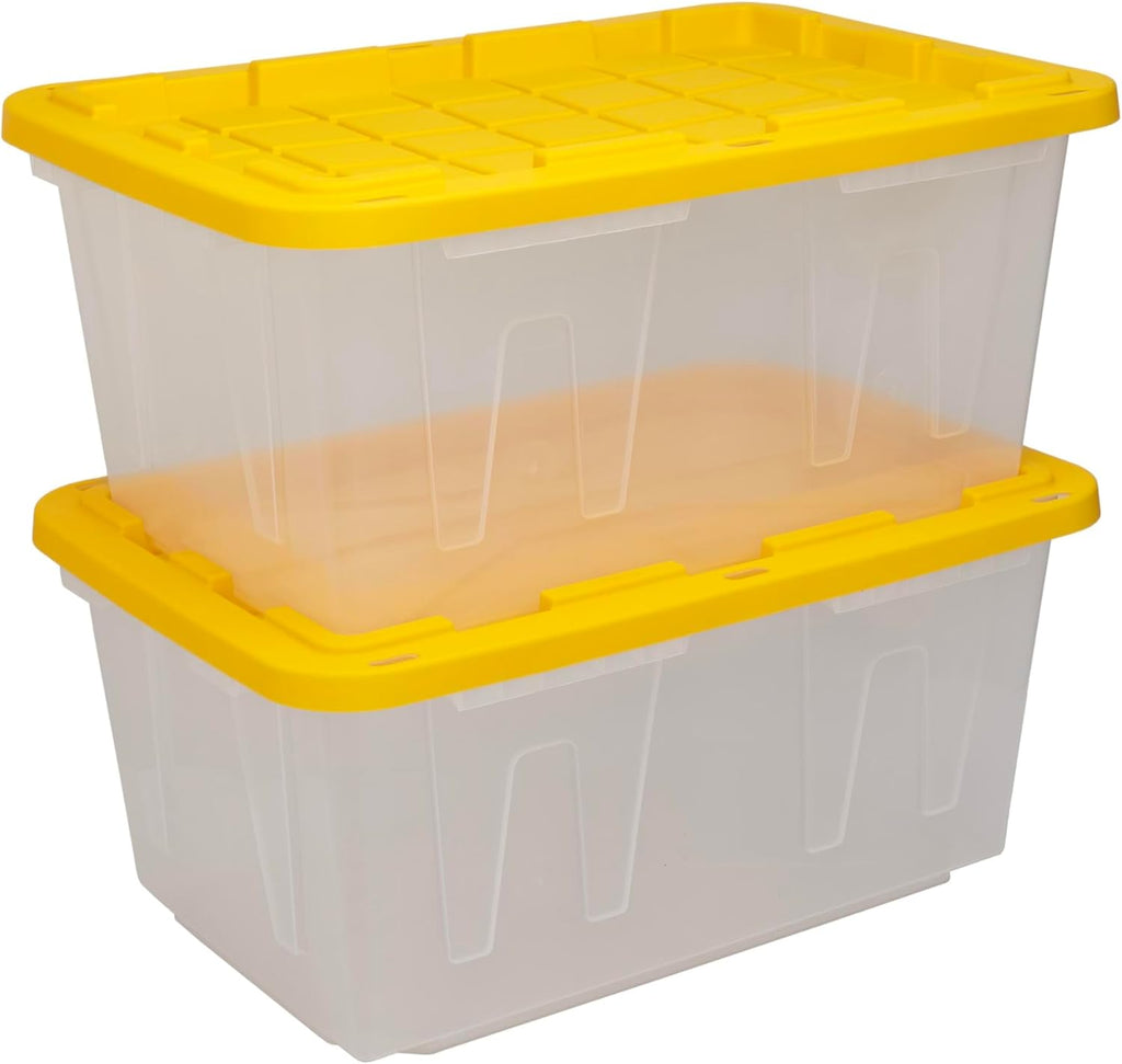 CX BLACK & YELLOW, 27-Gallon Heavy Duty Clear Storage Container & Snap-Tight Lid, Clear & Yellow (14.3H x 20.6W x 30.6D), Weather-Resistant, Stackable, See-Through Organization Tote [2 Pack]