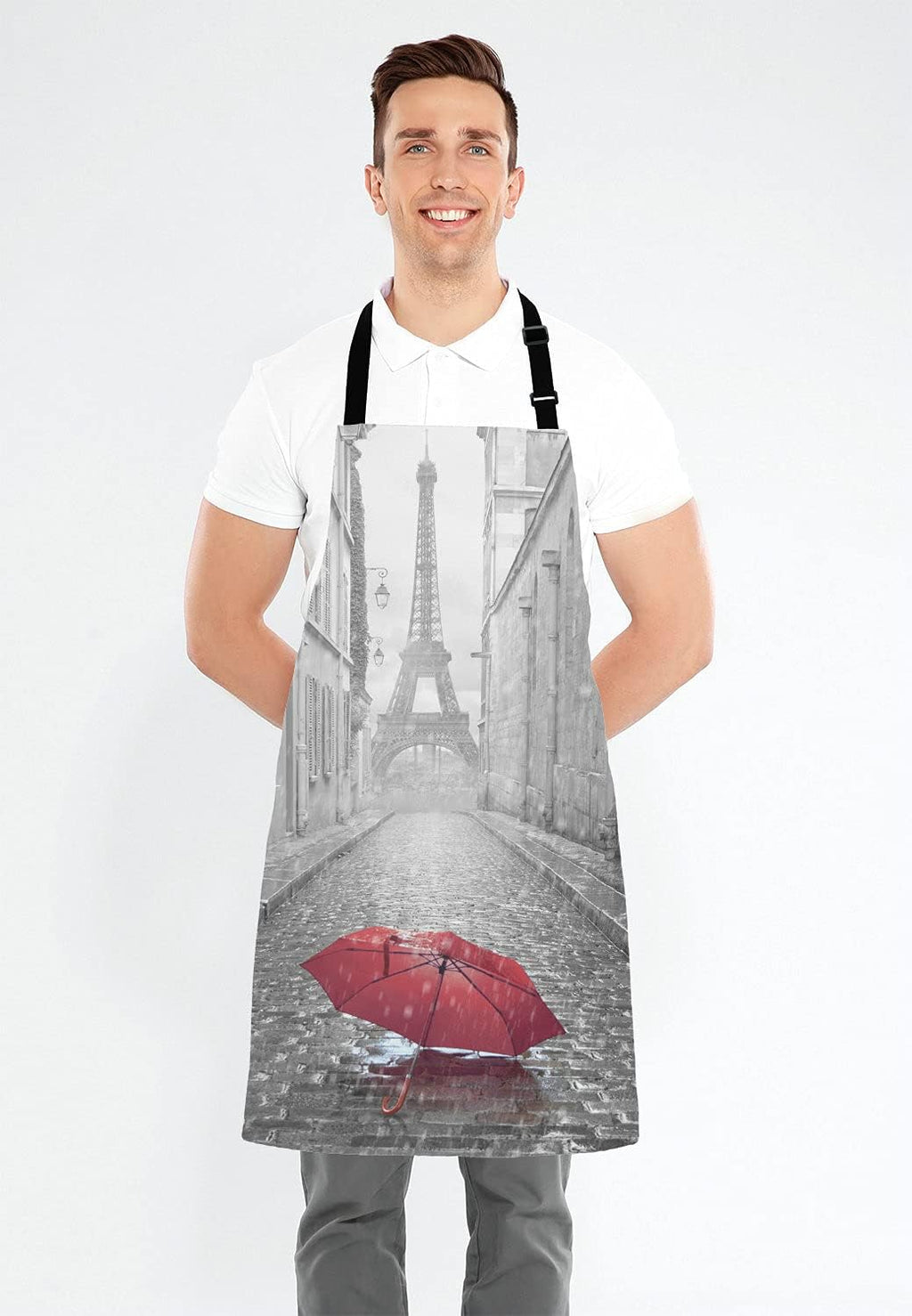 Paris France Apron, Red Umbrella in Rain Eiffel Tower Unisex Kitchen Bib with Adjustable Neck for Cooking Gardening,Adult Size