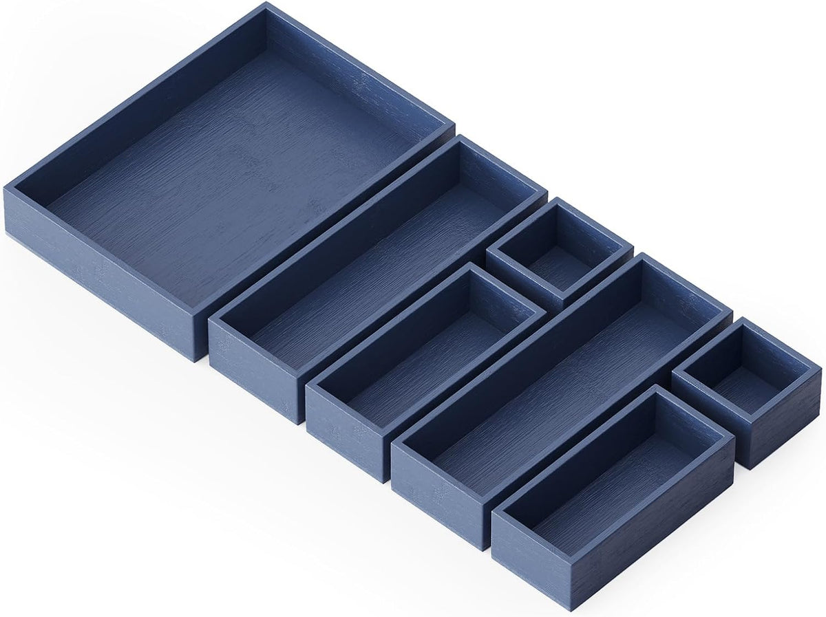 SpaceAid 7-Piece Bamboo Drawer Organizer Storage Boxes Set, Wood Tray Junk Drawer Organizers Multi-Use Divider Bins for Kitchen, Bathroom, Office Desk and Makeup Organization (7 Pack, Navy Blue)