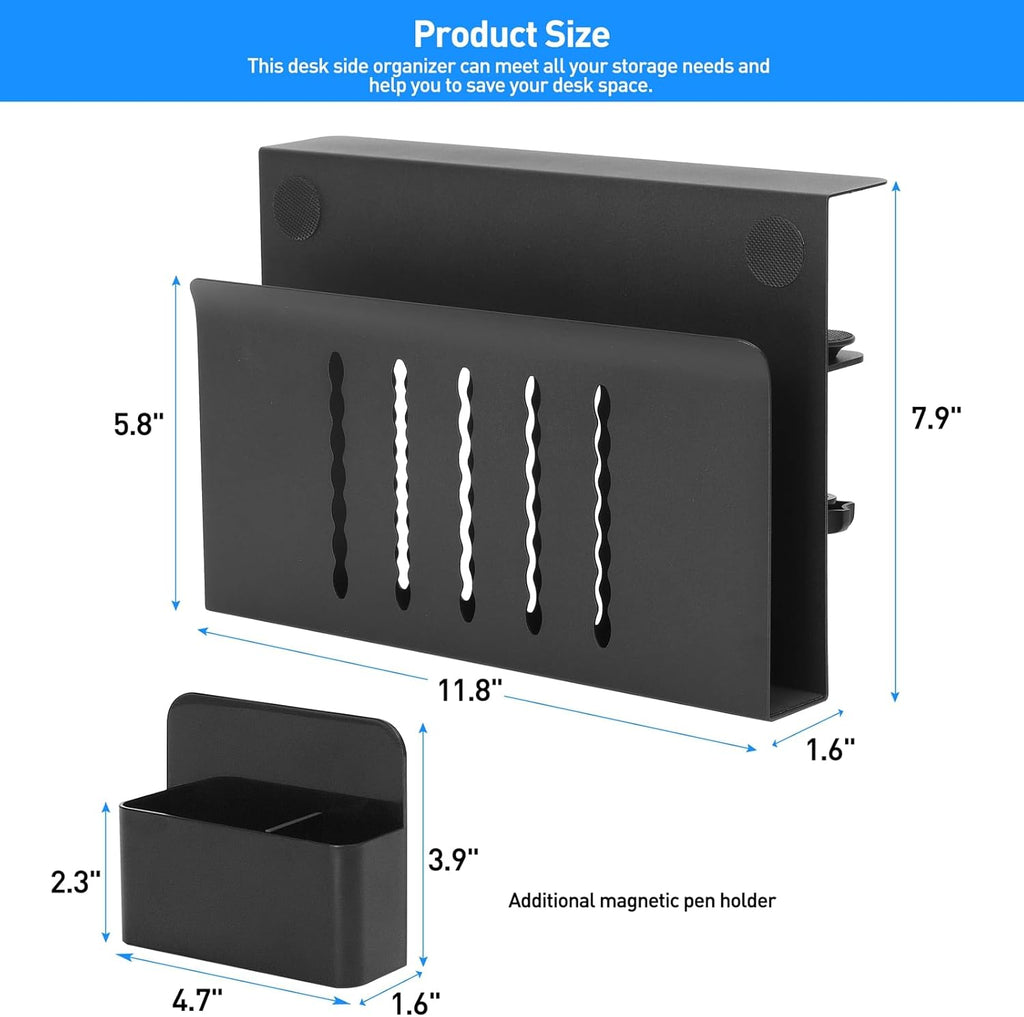 MAXECHO Desk Side Storage, Under Desk Laptop Mount, Table Side Hanging File Organizer, No Drill Clamp On Cable Management Tray, Laptop Holder with Magnetic Pen Holder for Office and Home, Load 22 Lbs