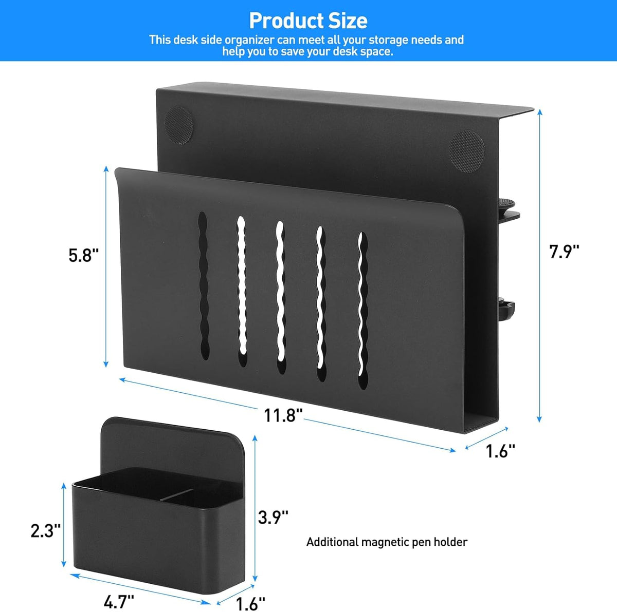 MAXECHO Desk Side Storage, Under Desk Laptop Mount, Table Side Hanging File Organizer, No Drill Clamp On Cable Management Tray, Laptop Holder with Magnetic Pen Holder for Office and Home, Load 22 Lbs