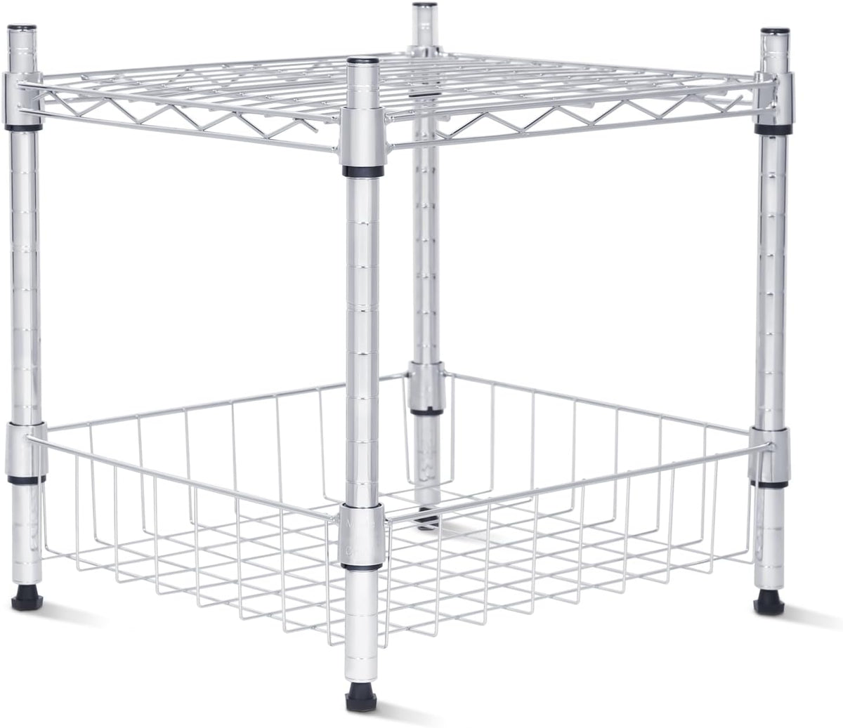 Whitmor 2 Tier Metal Storage Shelves, Heavy Duty Shelf with Basket, 350 lbs Capacity per Shelf, 700 lbs Total, Home Organizer for Kitchen, Garage, Bathroom, 15" L x 14" W x 15" H, Chrome