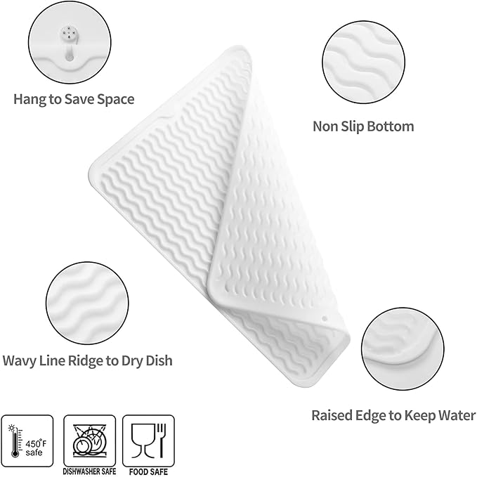 Silicone Dish Drying Mat for Multiple Usage,Easy clean,Eco-friendly,Heat-resistant Silicone Mat for Kitchen Counter or Sink,Refrigerator or drawer liner White L 16 inches x 12 inches