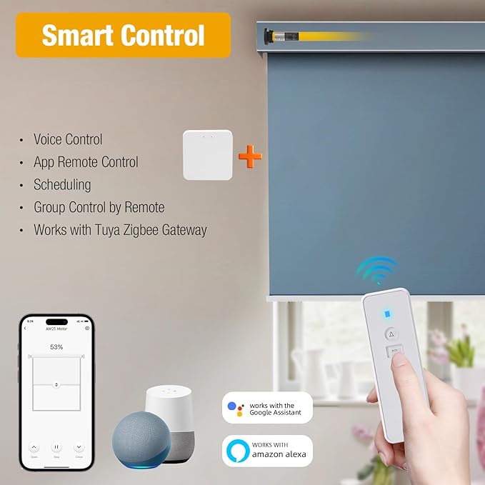 AM25 Zigbee Smart Blinds Motor for 1.5" Shade Tube, Type-C Rechargeable Window