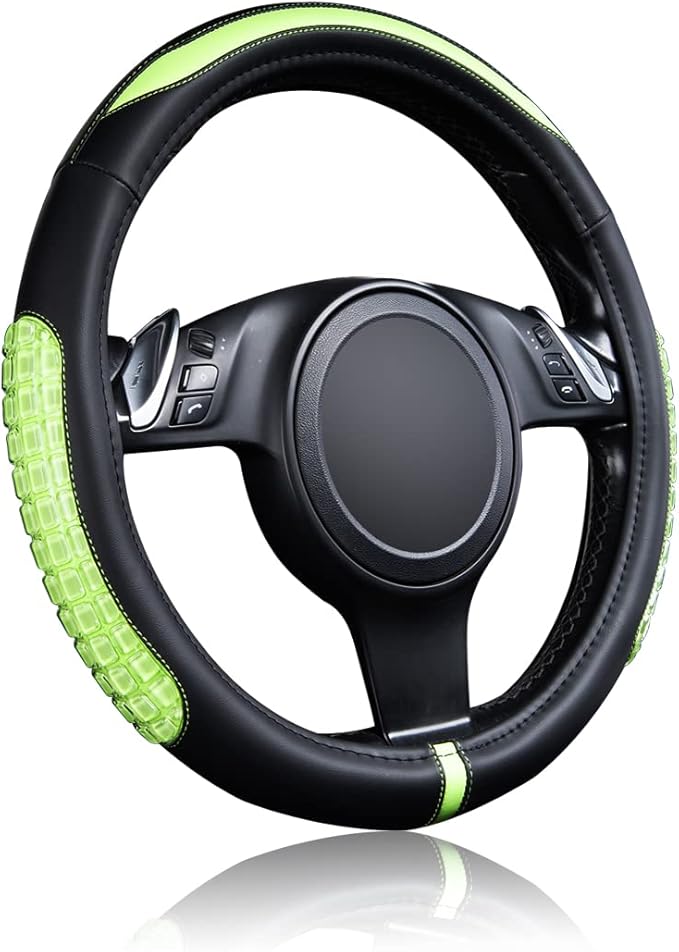 Flying Banner car Steering Wheel Cover Gel Massage Velvet Cool Warm Universal Size 15 inches SUV Truck Anti Slip Odorless Summer Winter (Black Mint Green, Gel Massage)