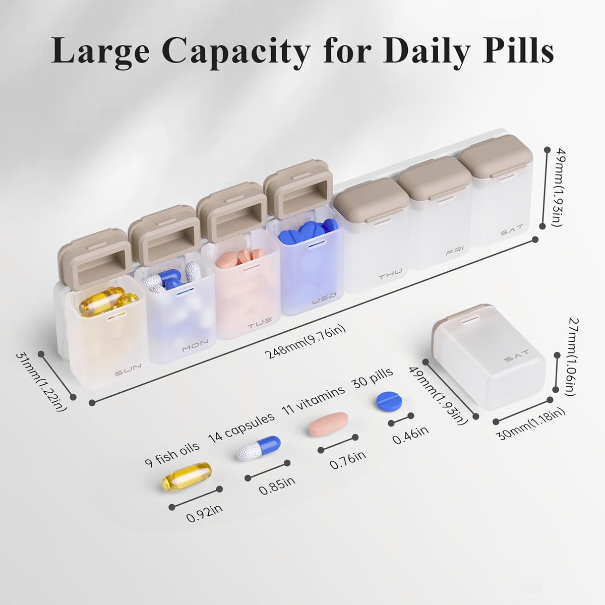 Weekly Pill Organizer Magnetic, Removable Pill Box 7 Day 1 Time a Day, Large Pill Case Travel, Week Once Daily Medication Dispenser, Medicine Container Holder for Supplement Vitamin, Brown