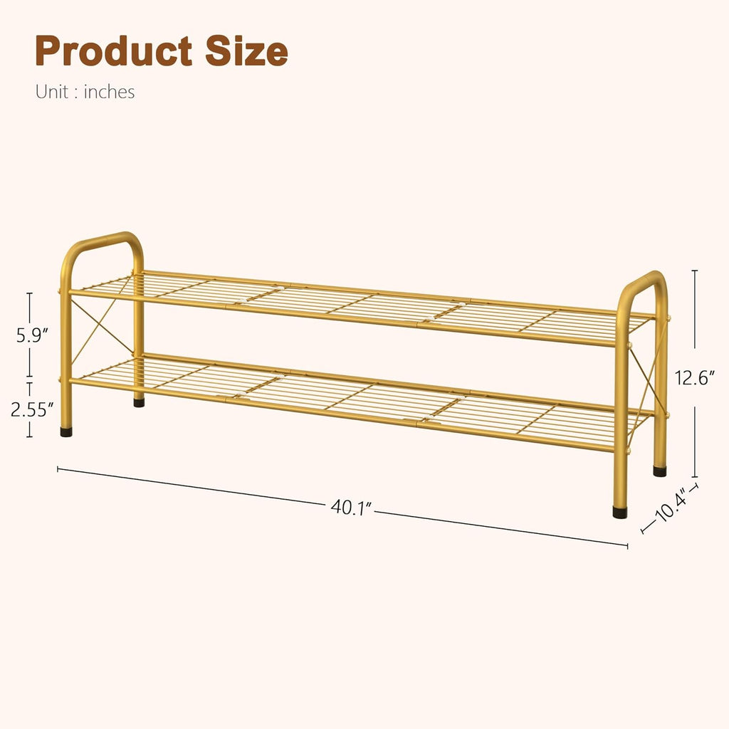 Hoctieon 2 Tier Shoe Rack for Closet, Durable Mesh Style Shoe Rack, Entryway Shoe Shelf, Shoe Storage Organizer for Hallway, Bedroom, Living Room, Wardrobe, Gold