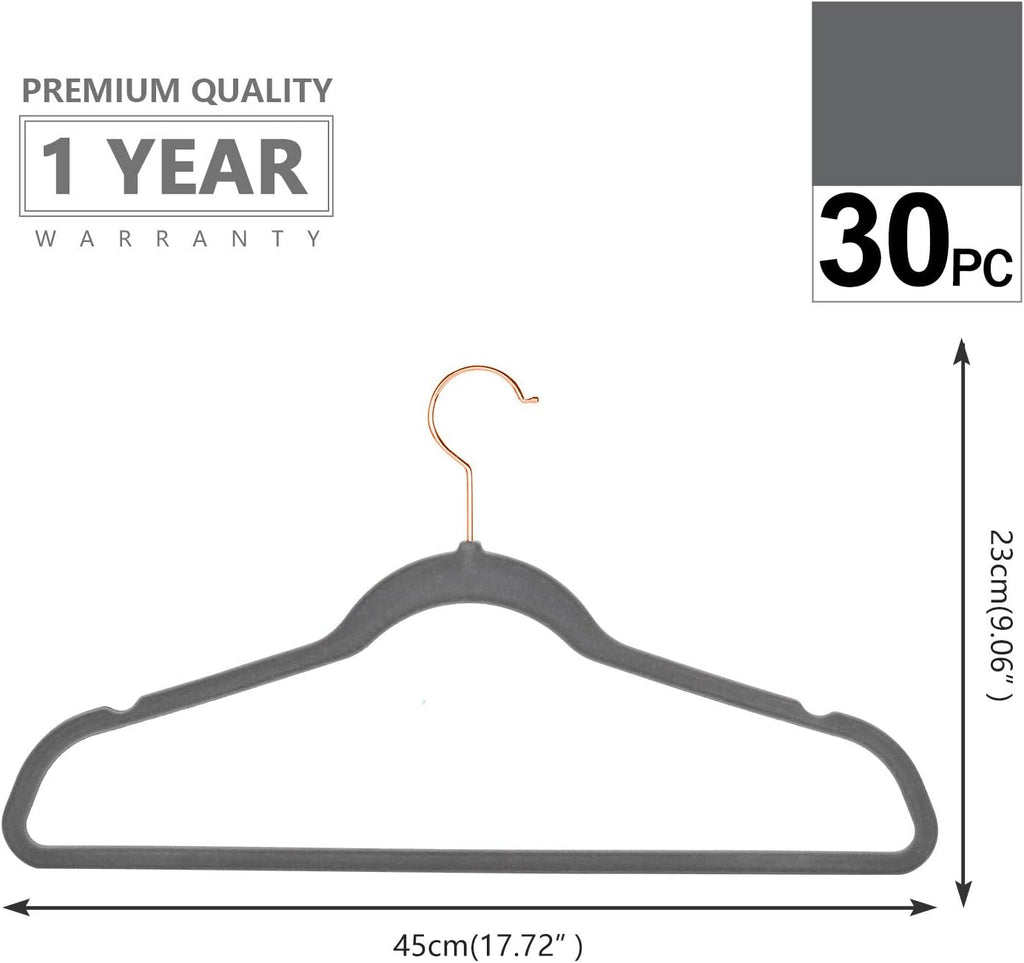 MIZGI Premium Velvet Hangers (30 Pack) Heavy Duty - Non Slip - Velvet Suit Hangers Gray - Copper/Rose Gold Hooks,Space Saving Clothes Hangers (Gray)