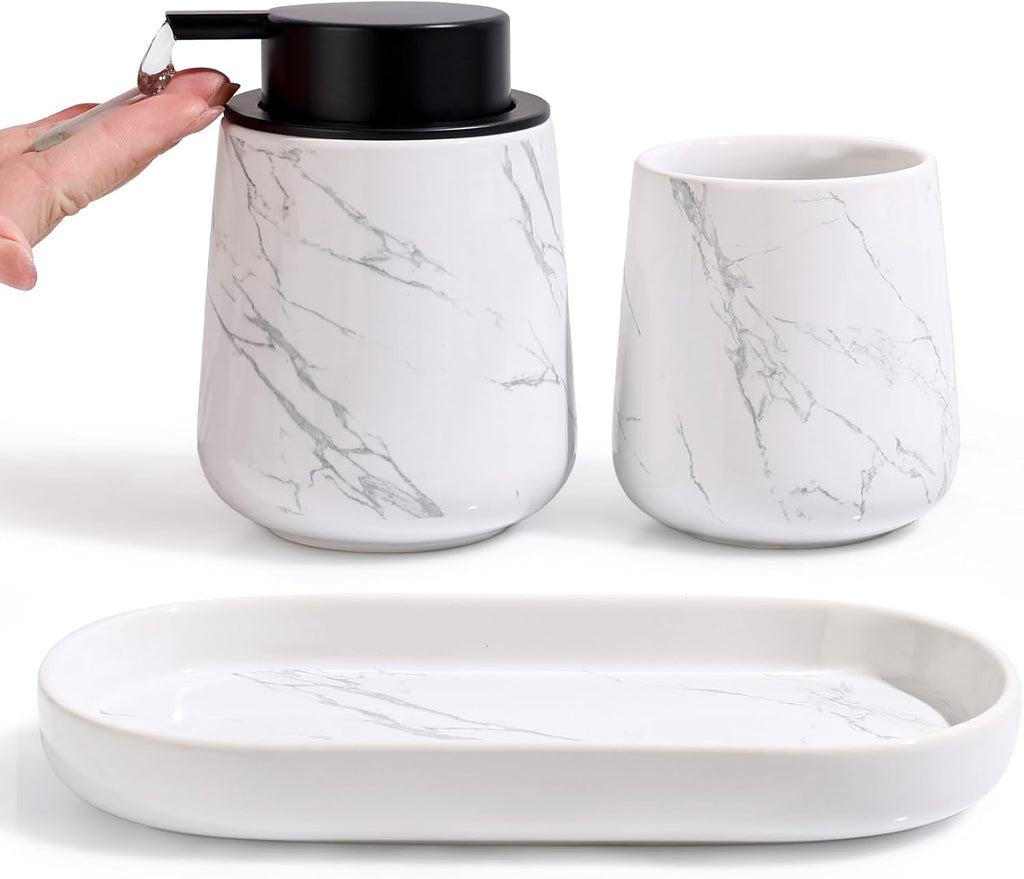 BosilunLife Marble Bathroom Accessory Set - 3 pcs Ceramic Bathroom Soap Dispenser Set Farmhouse Bathroom Counter Decor Set Accessories, Soap Dispenser and Toothbrush Holder, Tray