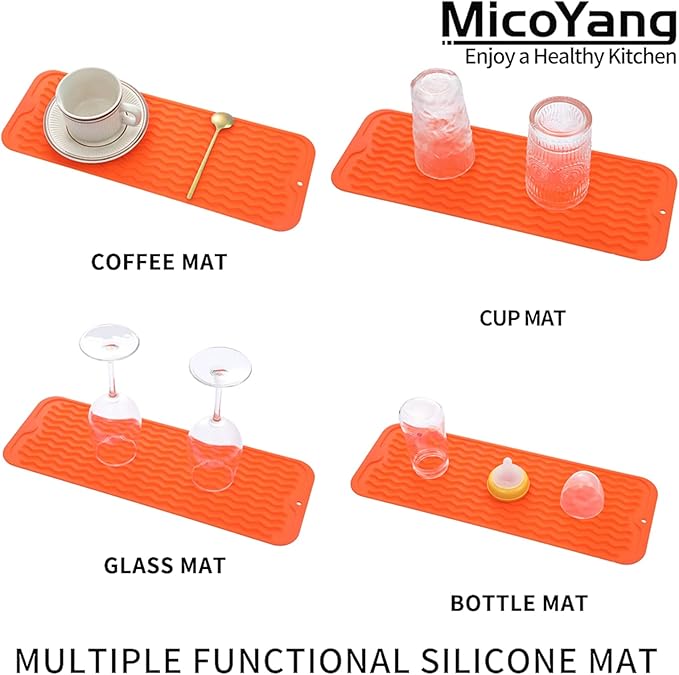 Silicone Dish Drying Mat for Multiple Usage,Easy clean,Eco-friendly,Heat-resistant Silicone Mat for Kitchen Counter,Sink,Bar,Bottle,or Cup Orange M 17 inches x 6 inches