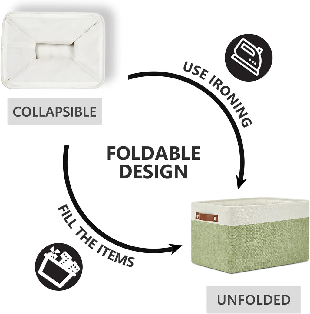 DULLEMELO Fabric Storage Bins for Laundry, Home, Foldable Storage Baskets for Shelves, Toys, Collapsible Storage Bins for Office,Bedroom(3-Pack Medium-15 inch X 11 inch X 9.5 inch , White&Green)