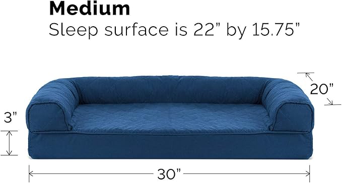 Furhaven Cooling Gel Dog Bed for Medium/Small Dogs w/ Removable Bolsters & Washable Cover, For Dogs Up to 35 lbs - Quilted Sofa - Navy (Blue), Medium