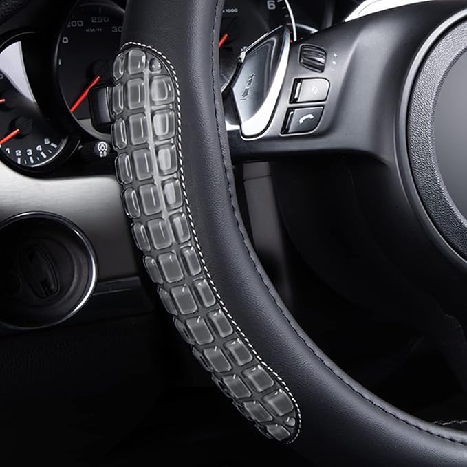 Flying Banner car Steering Wheel Cover Gel Massage Velvet Cool Warm Universal Size 15 inches SUV Truck Anti Slip Odorless Summer Winter (Black Gray, Gel Massage)