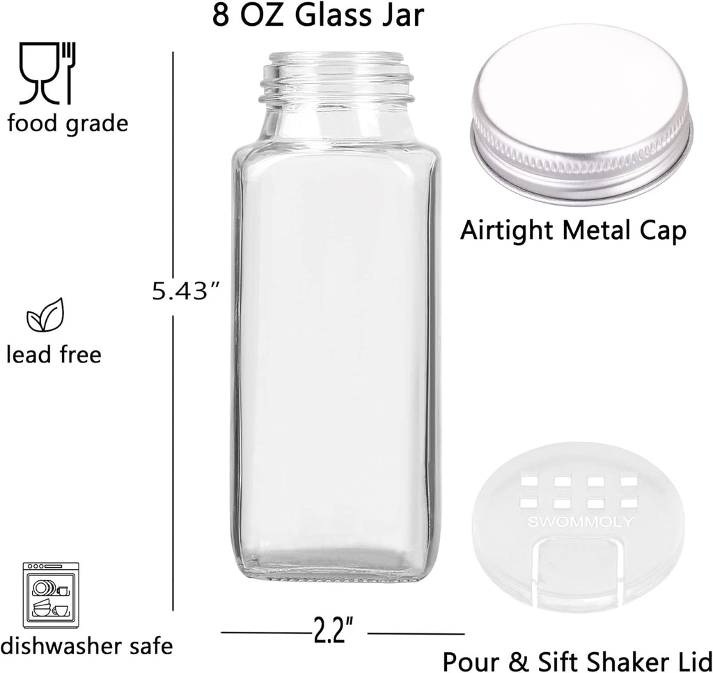 SWOMMOLY 25 Glass Spice Jars 8 oz Empty Spice Bottles with 713 Spice Labels, Chalk Marker and Funnel Complete Set. 25 Square Seasoning Containers with Airtight Cap, Pour/sift Shaker Lid