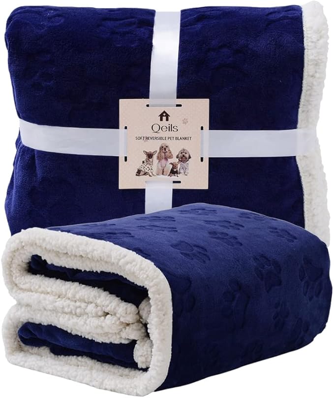 Qeils Waterproof Blanket for Bed Intimacy, Dog Blankets for Large Dogs, Waterproof Cat Blanket Washable, Soft Sherpa Fleece Puppy Blanket, Reversible Throw Protector for Couch Car, 50"X60", Navy Blue